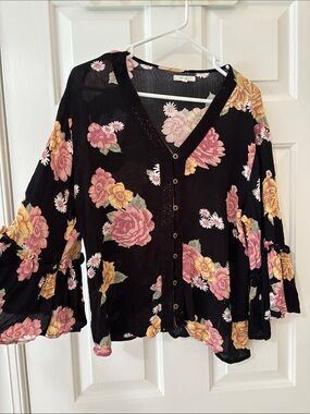 Maurices Black Button-Front Blouse with Pink & Yellow Floral Print